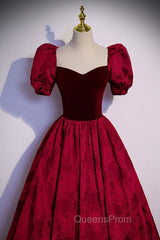 Burgundy Velvet Long A-Line Evening Prom Dress, Burgundy Short Sleeve Evening Dress