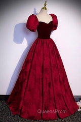 Burgundy Velvet Long A-Line Evening Prom Dress, Burgundy Short Sleeve Evening Dress