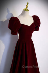 Burgundy Velvet Long A-Line Evening Prom Dress, Simple Short Sleeve Party Dress