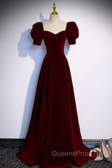 Burgundy Velvet Long A-Line Evening Prom Dress, Simple Short Sleeve Party Dress