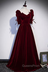 Burgundy Velvet Long Evening Party Dress, A-Line Short Sleeve Evening Prom Dress