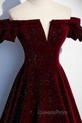 Burgundy Velvet Long Evening Prom Dress, A-Line Off the Shoulder Evening Dress