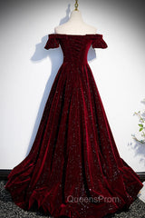 Burgundy Velvet Long Evening Prom Dress, A-Line Off the Shoulder Evening Dress