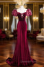 Burgundy Velvet Long Evening Prom Dress, Mermaid Short Sleeve Party Dress Wit Bow