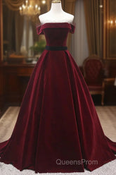 Burgundy Velvet Long Evening Prom Dress, A-Line Evening Dress
