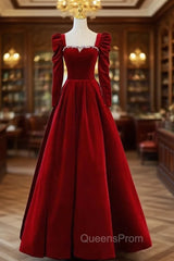 Burgundy Velvet Long Sleeve Crystal Evening Prom Dress