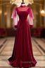 Burgundy Velvet Long Sleeve High Neck Backless Evening Prom Dress