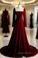 Burgundy Velvet Long Sleeve Pearls Evening Prom Dress