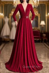 Burgundy Velvet Long Sleeve Pleats Evening Prom Dress