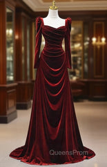 Burgundy Velvet Long Sleeve Pleats Square Neck Evening Prom Dress