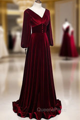 Burgundy Velvet Long Sleeves A-line Evening Prom Dress, Long Simple Bridesmaid Dress
