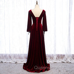 Burgundy Velvet Long Sleeves A-line Evening Prom Dress, Long Simple Bridesmaid Dress