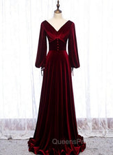 Burgundy Velvet Long Sleeves A-line Evening Prom Dress, Long Simple Bridesmaid Dress