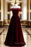 Burgundy Velvet Off the Shoulder Beading Evening Prom Dress