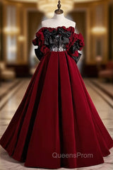 Burgundy Velvet Off the Shoulder Black Bow Evening Prom Dress