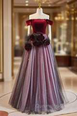 Burgundy Velvet Off the Shoulder Flower Evening Prom Dress