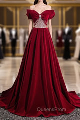 Burgundy Velvet Off the Shoulder Pleats Beading Evening Prom Dress