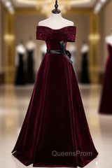 Burgundy Velvet Off the Shoulder Pleats Evening Prom Dress With Belt