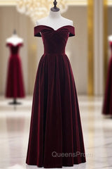 Burgundy Velvet Off the Shoulder Pleats Evening Prom Dress