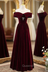Burgundy Velvet Off the Shoulder Evening Prom Dress