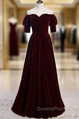 Burgundy Velvet Off the Shoulder Short Sleeve Evening Prom Dress
