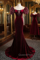 Burgundy Velvet Puff Sleeve Bow Evening Prom Dress