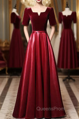Burgundy Velvet Satin Short Sleeve Evening Prom Dress