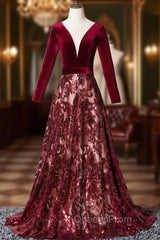 Burgundy Velvet Sequins Long Sleeve See Though V-neck Evening Prom Dress
