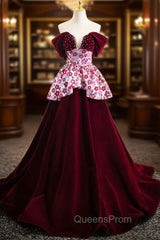 Burgundy Velvet Sequins Off the Shoulder Pearls Evening Prom Dress