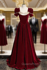 Burgundy Velvet Sequins Square Short Sleeve Evening Prom Dress