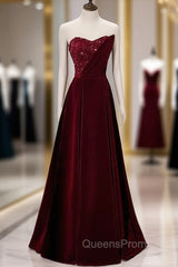 Burgundy Velvet Sequins Strapless Evening Prom Dress