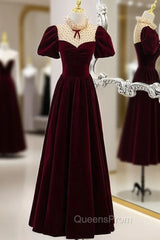 Burgundy Velvet Short Sleeve Evening Prom Dress