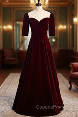 Burgundy Velvet Short Sleeve Scoop Evening Prom Dress