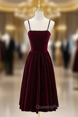 Burgundy Velvet Spaghetti Straps Tea Length Evening Prom Dress