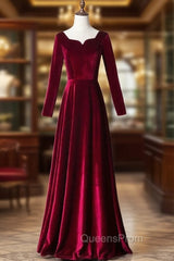 Burgundy Velvet Square Neck Long Sleeve Evening Prom Dress