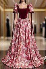 Burgundy Velvet Square Neck Puff Sleeve Evening Prom Dress