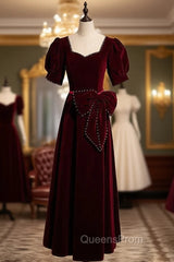 Burgundy Velvet Square Puff Sleeve Pearls Evening Prom Dress