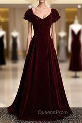 Burgundy Velvet Square Puff Sleeve Pleats Evening Prom Dress