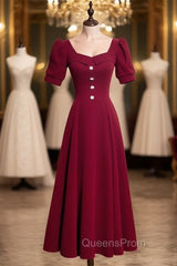 Burgundy Velvet Square Puff Sleeve Evening Prom Dress