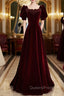 Burgundy Velvet Square Short Sleeve Beading Evening Prom Dress