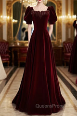Burgundy Velvet Square Short Sleeve Beading Evening Prom Dress