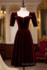 Burgundy Velvet Square Short Sleeve Pearls Evening Prom Dress