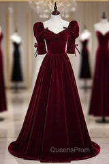 Burgundy Velvet Square Short Sleeve Pleats Evening Prom Dress