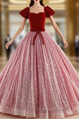 Burgundy Velvet Square Short Sleeve Quinceanera Dress