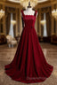 Burgundy Velvet Straps Beading Evening Prom Dress