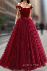Burgundy Velvet Tulle Floor Length Evening Prom Dress, Lovely Evening Party Dress
