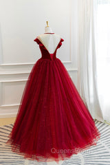 Burgundy Velvet Tulle Floor Length Evening Prom Dress, Lovely Evening Party Dress