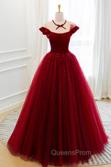 Burgundy Velvet Tulle Floor Length Evening Prom Dress, Lovely Evening Party Dress