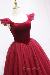 Burgundy Velvet Tulle Tea Length Evening Prom Dress, Cute A-Line Party Dress
