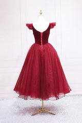 Burgundy Velvet Tulle Tea Length Evening Prom Dress, Cute A-Line Party Dress